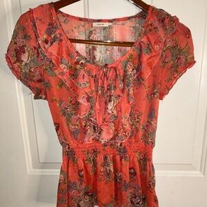 Poetry Coral Floral Blouse with Ruffles